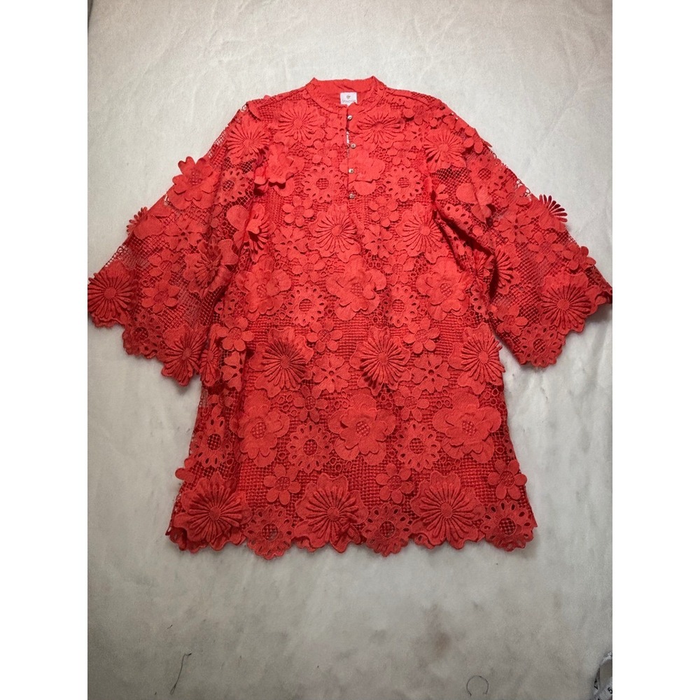 J. Marie corel Floral Guipure Lace Bell Sleeve Shift Dress‎ XS Mandarin Collar